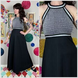 Vintage 1970s Black and Silver Halter Maxi Dress